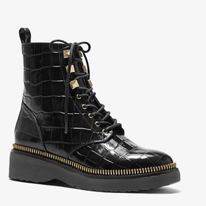 Michael Kors Croc Embossed Leather Combat Boots, NWT